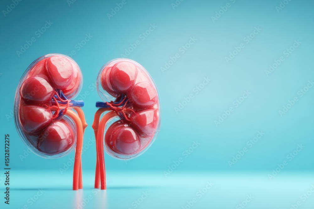Poster Realistic 3D Render of Healthy Human Kidneys on a Clean Blue Background With Upper Third Empty for Educational or Medical Use