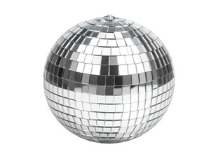 Shiny disco ball reflecting colorful lights.
