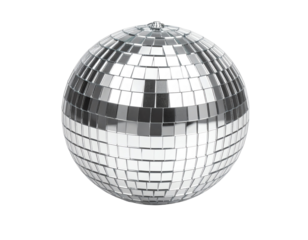 Shiny disco ball reflecting colorful lights.