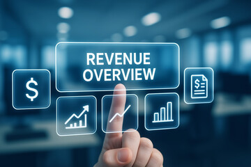 Finger pressing glowing "Revenue Overview" button on digital dashboard interface, futuristic financial analytics concept with icons for growth, charts, dollar symbol, and reports