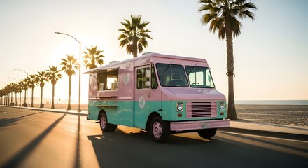 Retro ice cream truck by the beach road