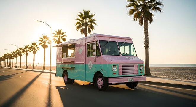 Retro ice cream truck by the beach road
