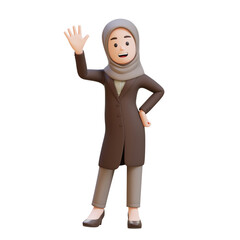 3D muslim business woman character is waving saying hello