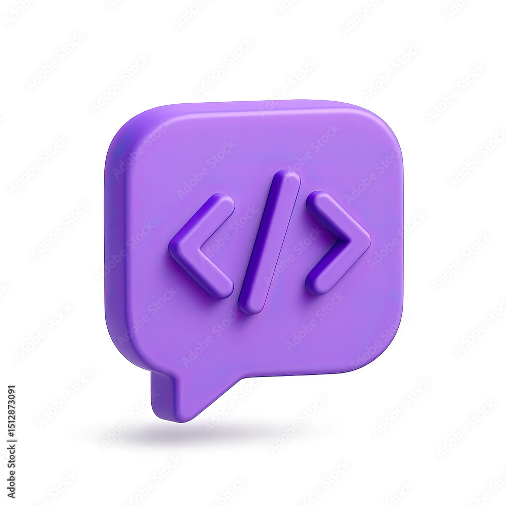 Poster purple 3d render of code icon in speech bubble