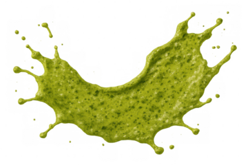 Green liquid splashing, creating a dynamic and textured effect against a transparent background
