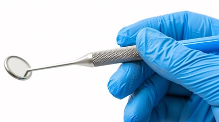Dental professionals gloved hand holding a precision scaler tool isolated on a white background