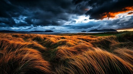 Dramatic sunset over a field of tall grass, with stormy clouds overhead. Vast landscape bathed in warm light