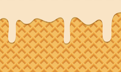Melted vanilla ice cream drop on ice cream cone texture background. Сream melted on waffle background. Seamless pattern sweet ice cream flowing down on cone. 