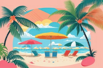 Obraz premium Summer Vacation Beach Illustration — Flat Vector with Palm Trees, Coconut Drink, and Sunset
