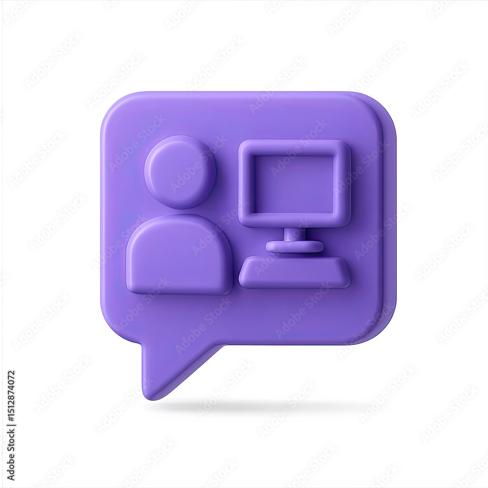 Poster purple 3d speech bubble icon with user and computer