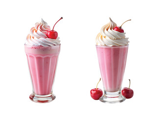 Classic Milkshake in Glass: A pink strawberry milkshake in a tall glass with whipped cream and cherry, sharp PNG
