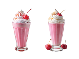 Classic Milkshake in Glass: A pink strawberry milkshake in a tall glass with whipped cream and cherry, sharp PNG