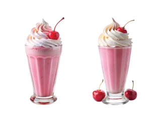 Gardinen Classic Milkshake in Glass: A pink strawberry milkshake in a tall glass with whipped cream and cherry, sharp PNG © Yuiziee