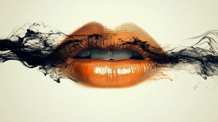 Close-up of vibrant orange lips with flowing black ink