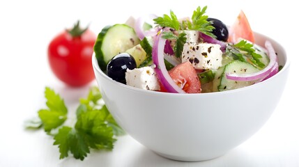 Fresh and delicious greek salad with feta cheese and fresh vegetables in a white bowl