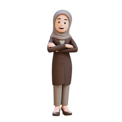 3D muslim business woman character is standing with her arms crossed