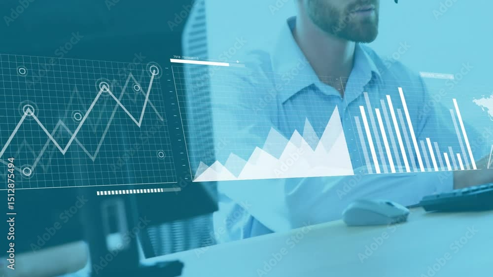 Poster male operator clicking mouse updating bar chart and map while analyzing business data