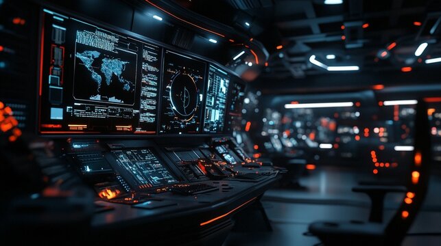 Futuristic control panel with glowing displays and intricate technology.  Detailed screens show world maps and radar data.  Dark, modern cockpit interior