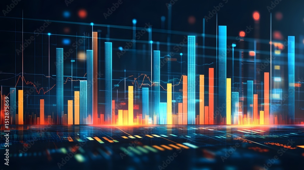 Poster colorful digital bar graph display on a dark background.