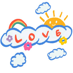sun and clouds with love text handwriting cute rainbow