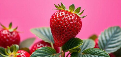 Juicy red strawberry with green leaves, vibrant pink background, red, green leaves