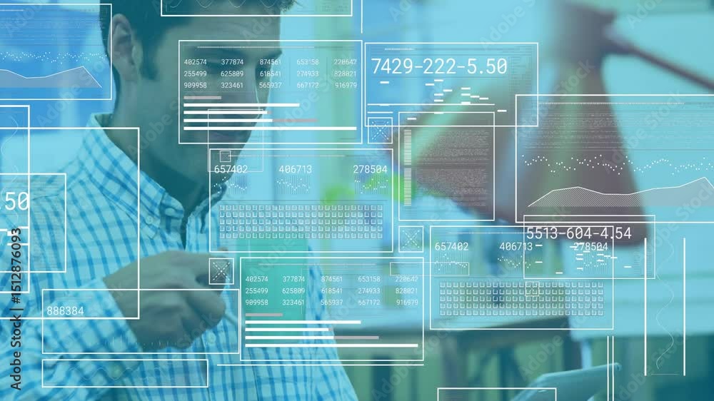 Poster man tapping tablet activating tech overlay sipping coffee resuming data analysis