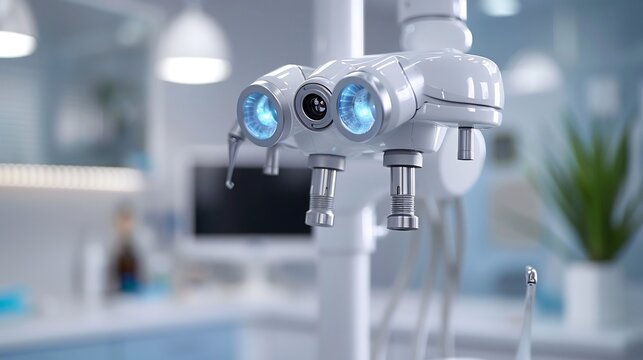 Dental surgeon performing wisdom tooth extraction under bright surgical lights wearing magnifying loupes