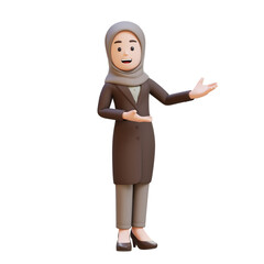 3D muslim business woman character is presenting to the left