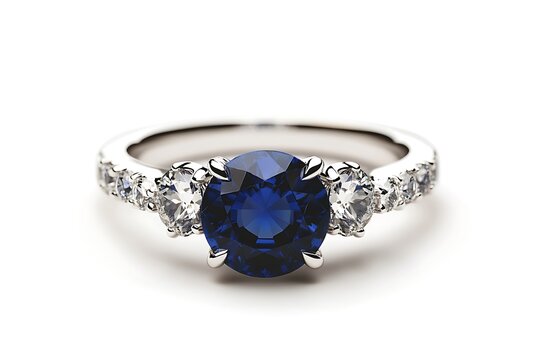 Close up of a sapphire ring with diamond accents on a white background in a studio setting view - Powered by Adobe