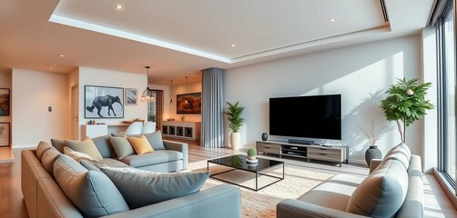 Modern panoramic living room corner with plush sofa and large flat-screen TV, ample natural light, architecture, landscape
