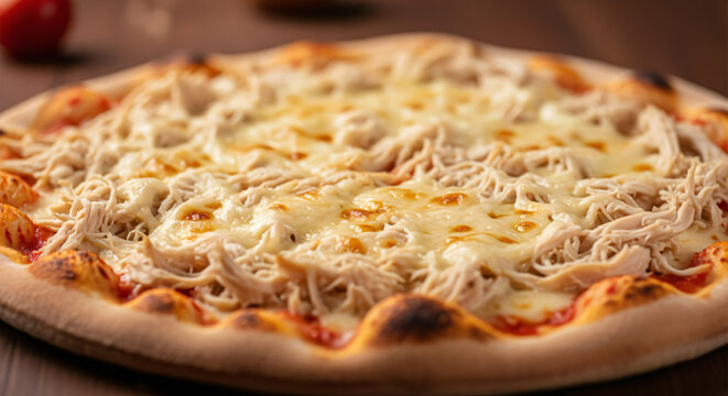 Beautiful and tasty pizza with a thin crust. It is topped with shredded chicken and melted cheese, with a visible layer of tomato sauce underneath.