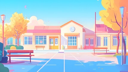 Fototapeta premium Colorful illustration of a schoolyard scene.