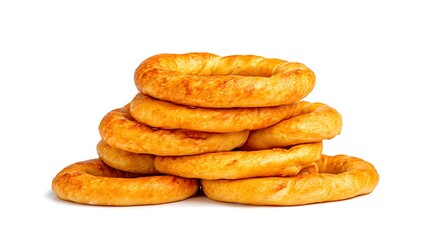 Stack of freshly baked bagels isolated on a white background offering delightful breakfast