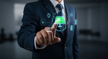 Businessman in suit touching solar panel icon with renewable energy symbols in a futuristic interface