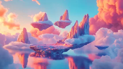 Printed kitchen splashbacks Ethereal floating islands reflected in serene waters beneath pastel skies