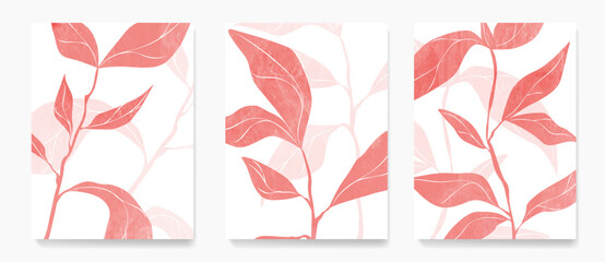 Art background with pink leaves on a branch. Botanical set for print, poster, textile, wallpaper, banner, interior design.