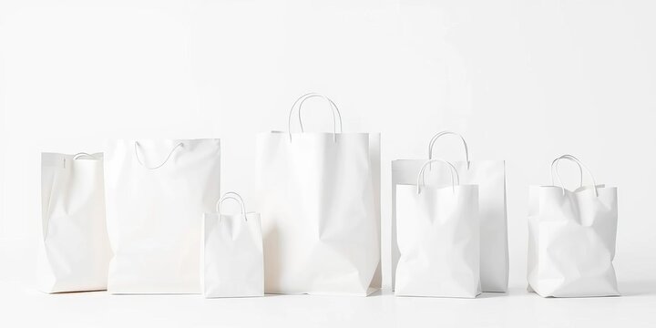 Several pristine white paper bags, various sizes, arranged neatly on a pure white background,  craft,  empty