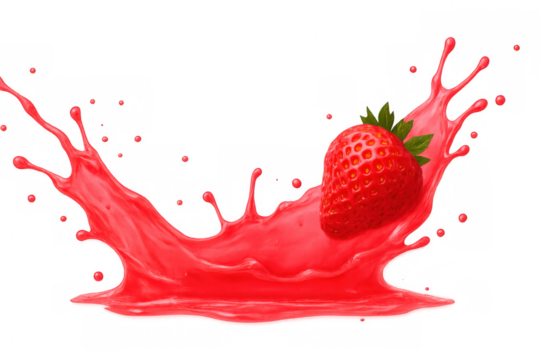 Ripe strawberry diving through swirling pink juice wave, generating dynamic splash against transparent background for fresh beverage marketing visual