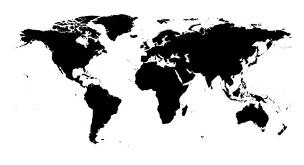 World map silhouette on transparent white background showing global geography and world continents