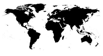 World map silhouette on transparent white background showing global geography and world continents