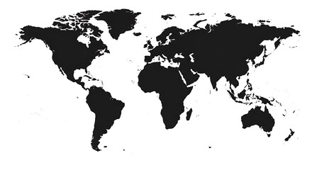 World map silhouette on transparent white background showing global geography and world continents