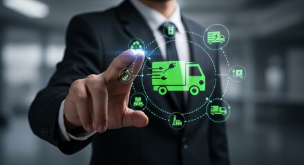 A man in a suit interacting with a green electric truck icon surrounded by related green icons