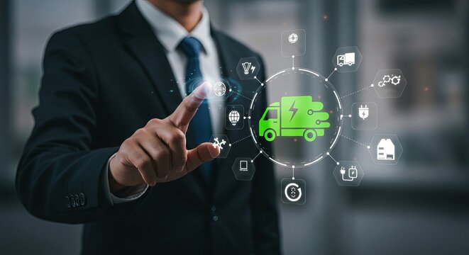 Businessman interacting with electric vehicle technology interface on a digital display screen
