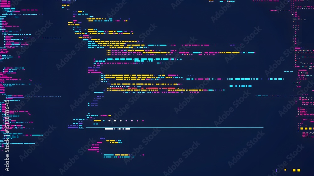 Poster colorful digital code display on a dark background.