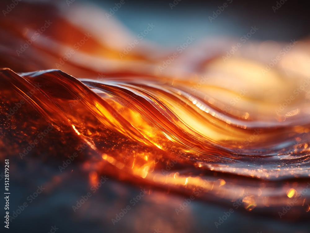 Poster close up of flowing amber liquid with light reflecting off the surface creating a wave like pattern