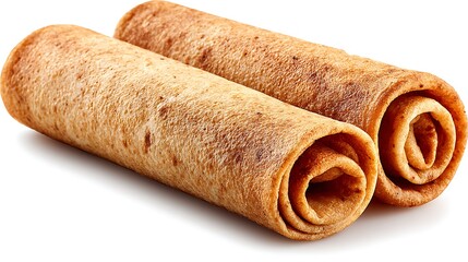 Two rolled pancakes on white background showing texture and delicious appearance