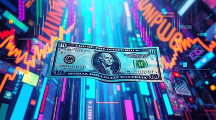 A US ten-dollar bill floats amidst a vibrant, digital display of financial data and graphs