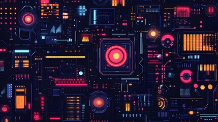 Fototapeta premium Futuristic circuit board design with vibrant neon lights.