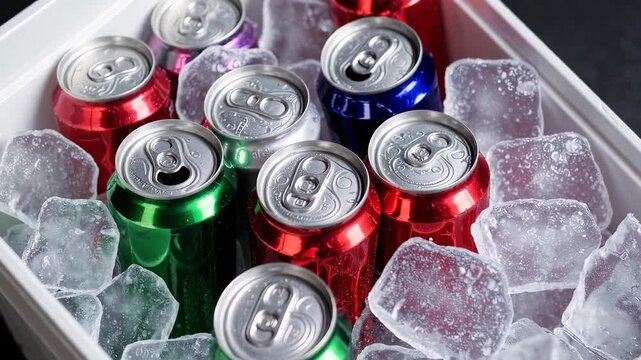 Colorful soda cans chilling on ice in refreshing beverage cooler summer refreshment visuals