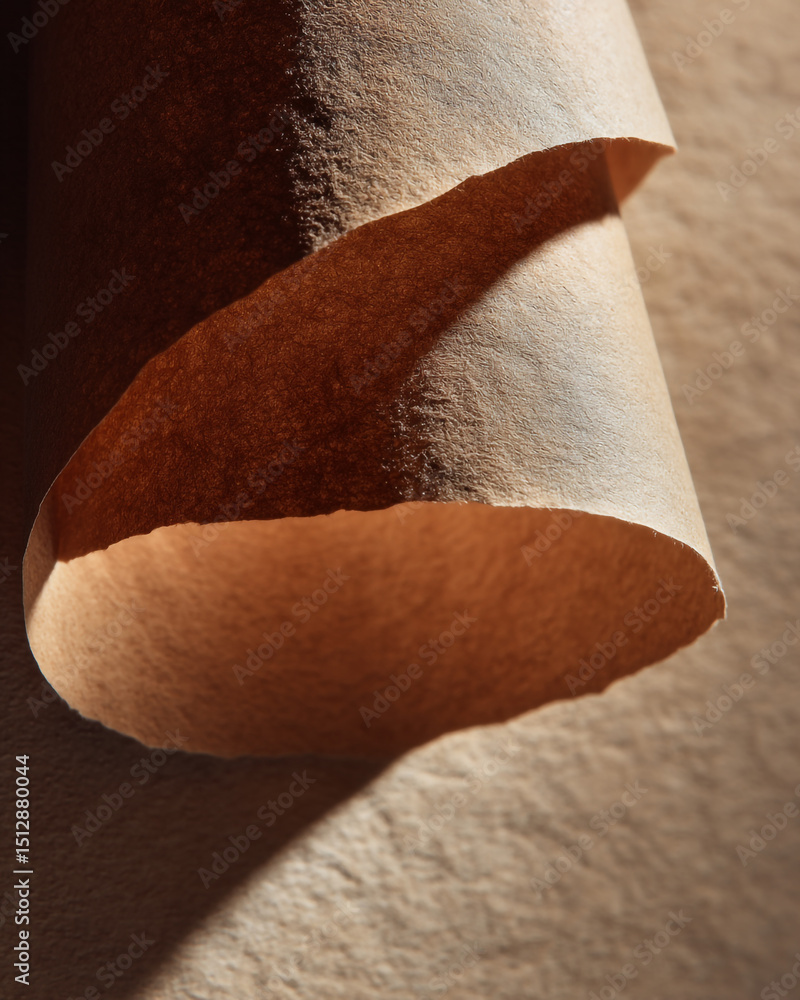 Poster a close up shot of a curled piece of brown paper with visible texture and soft lighting and shadows